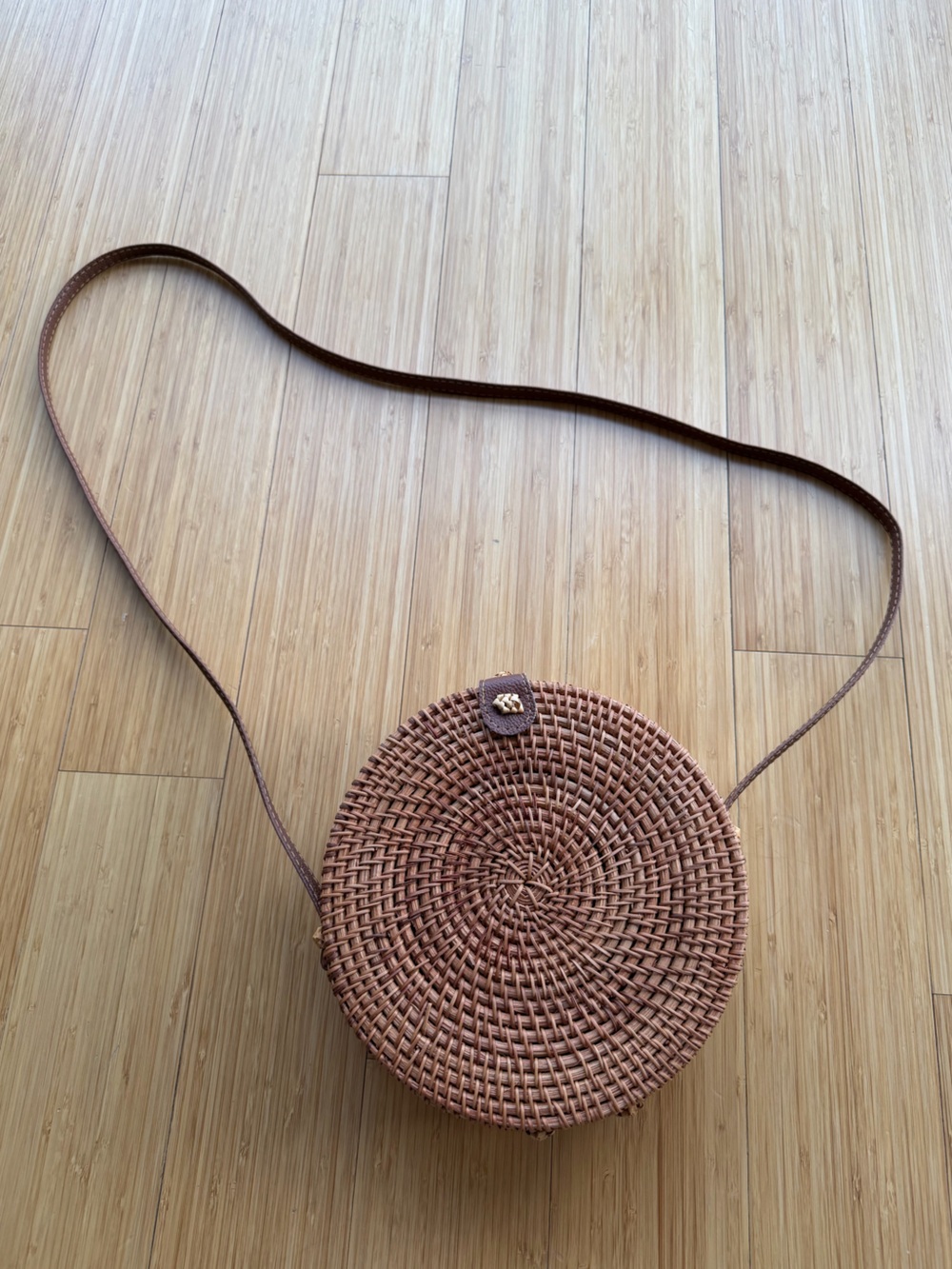 Round Rattan Woven Straw Crossbody Bag - Brown, purchased in Greece - Picture 2 of 6